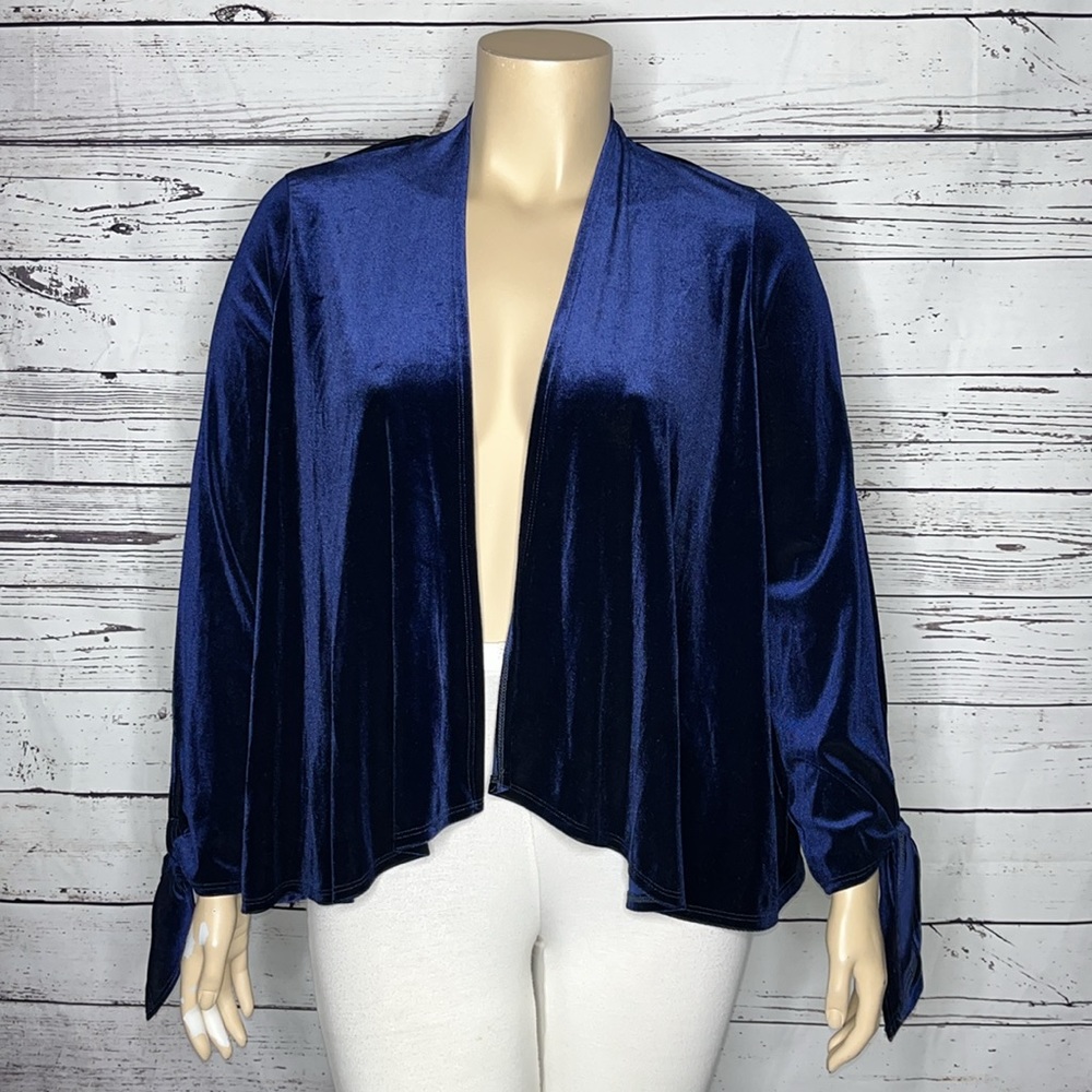 W5 Size XL Blue Velvet Tie Long Sleeve Cascade Open Front Cardigan Jacket